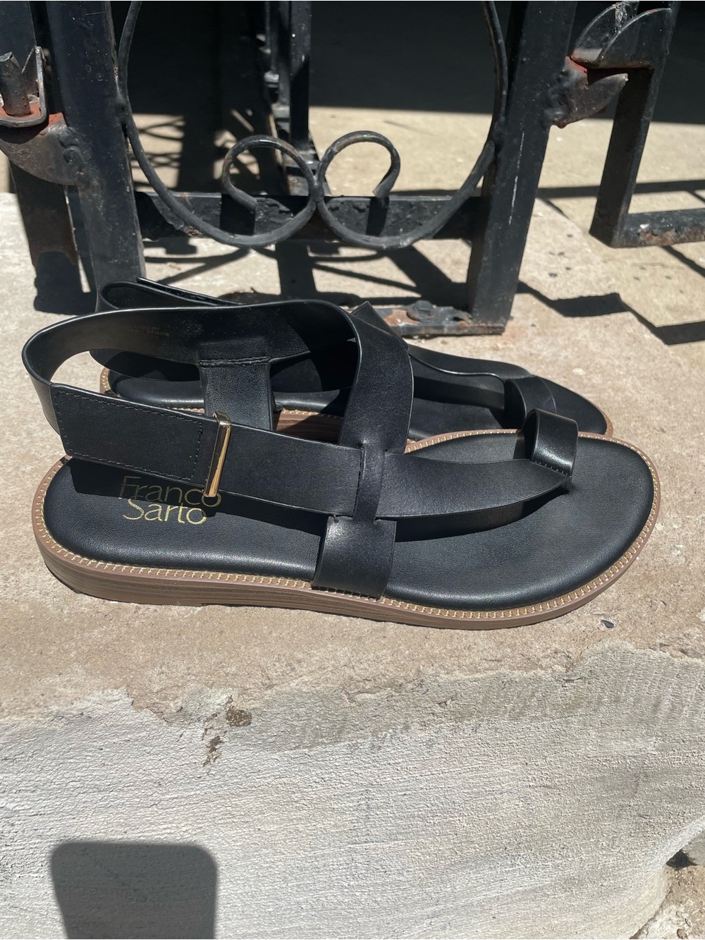 Franco Sarto Black Leather Strap Sandals with Gold Accent